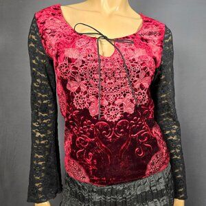 Y2K Crushed Velvet Lace Gothic Fairy Top Size S Bell Sleeves Vampy Whimsigoth